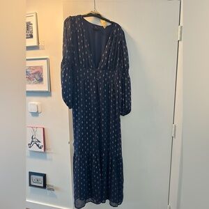 Forever 21 Navy Long, DEEP V, Sleeve Dress with Gold Accents